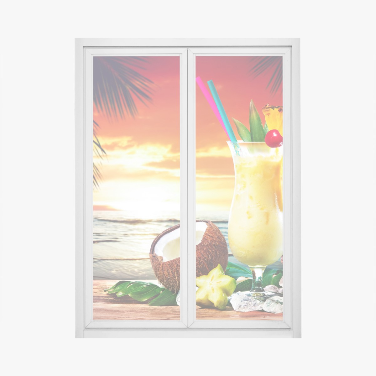 Window decal tropical pineapple and coconut sunset • Wallissimo® Window decal tropical pineapple and coconut sunset • Wallissimo®