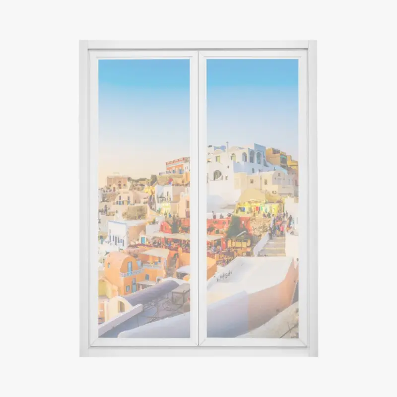 Window decal sunset over Santorini village panoramic view