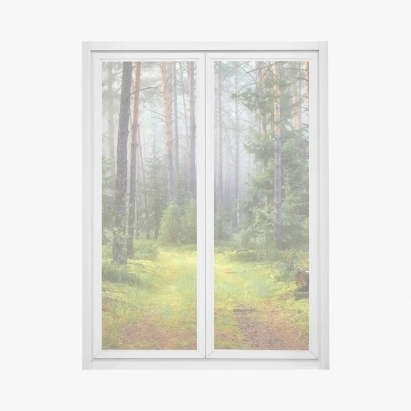 Window decal misty pine forest trail