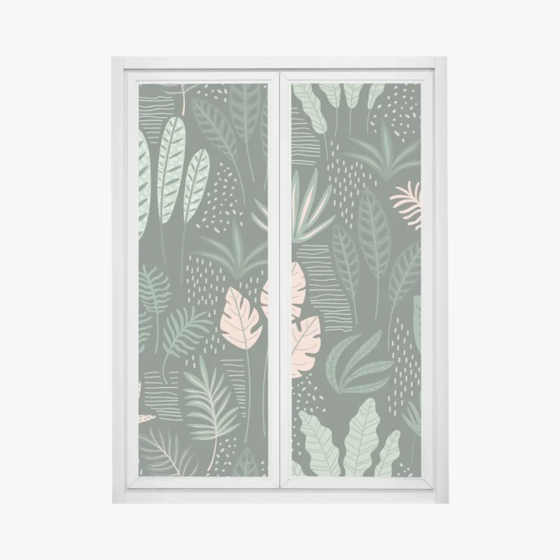 Window decal tropical leaf pattern in muted greens and pink
