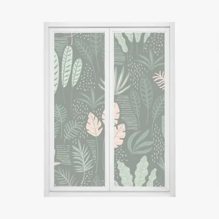 Window decal tropical leaf pattern in muted greens and pink • Wallissimo®