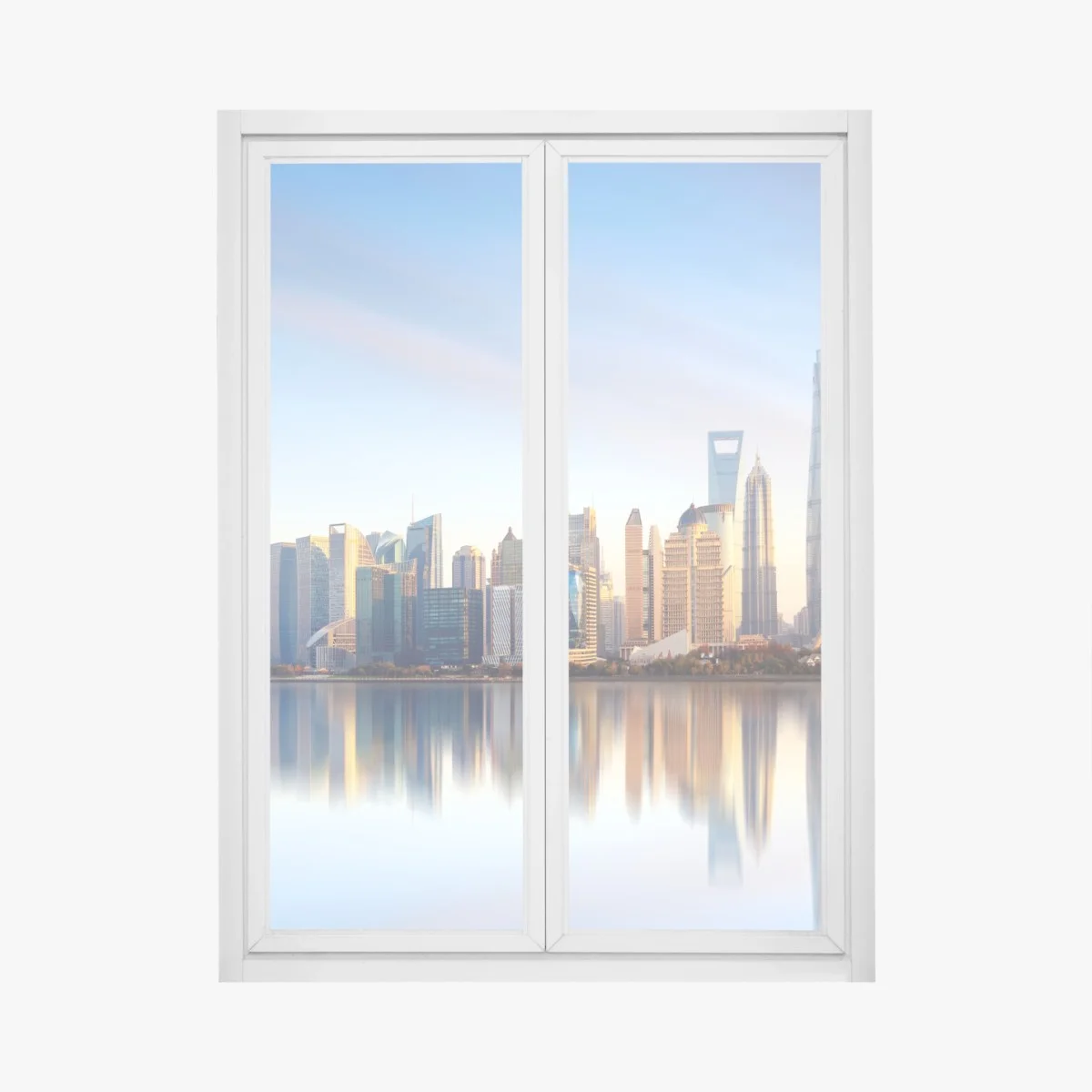 Window decal Shanghai skyline reflection at sunrise • Wallissimo® Window decal Shanghai skyline reflection at sunrise • Wallissimo®