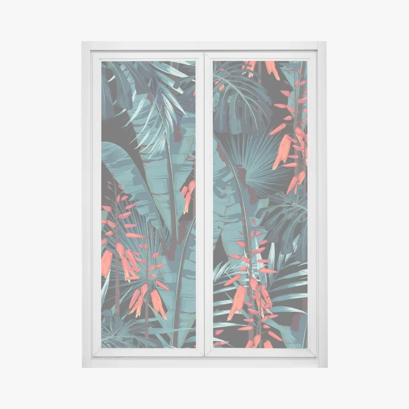 Window decal tropical teal jungle foliage