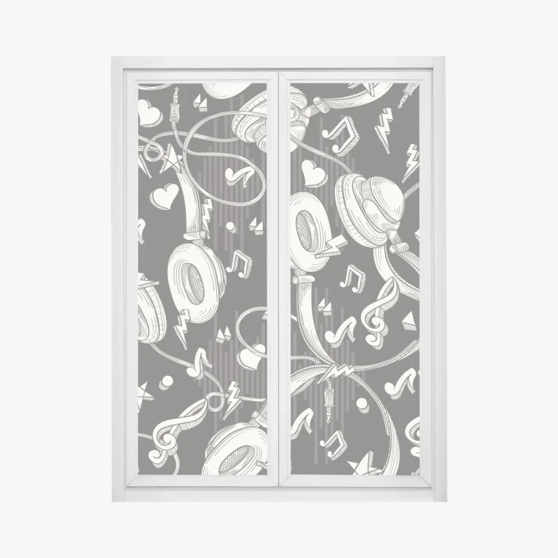 Window decal monochrome headphones and music notes pattern
