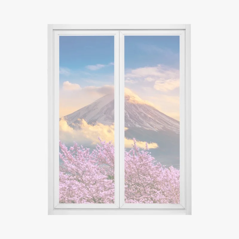 Window decal Mount Fuji with cherry blossoms at sunrise
