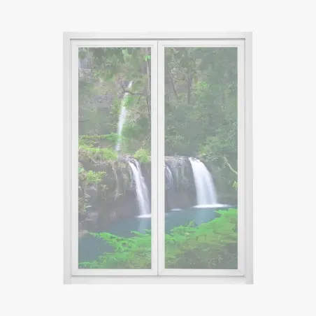 Window decal calming waterfall in emerald forest • Wallissimo®