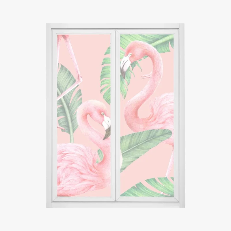 Window decal pink flamingo pattern with tropical leaves