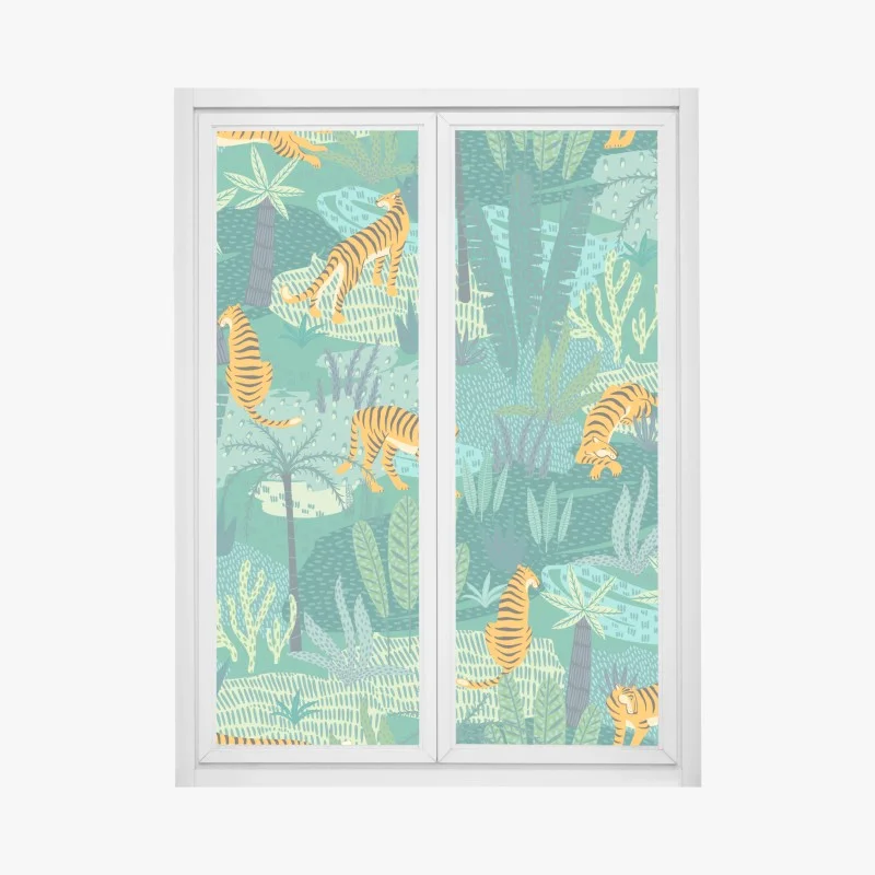 Window decal tropical jungle with tigers pattern