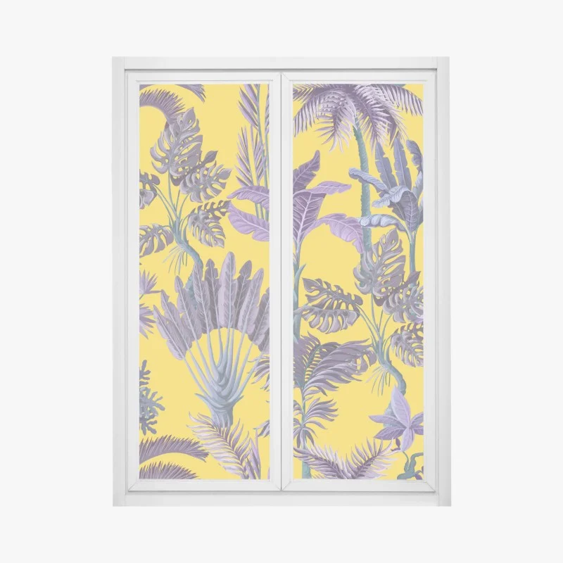 Window decal tropical purple foliage on yellow background