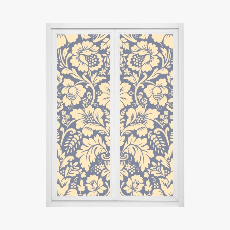 Window decal navy and beige damask floral pattern
