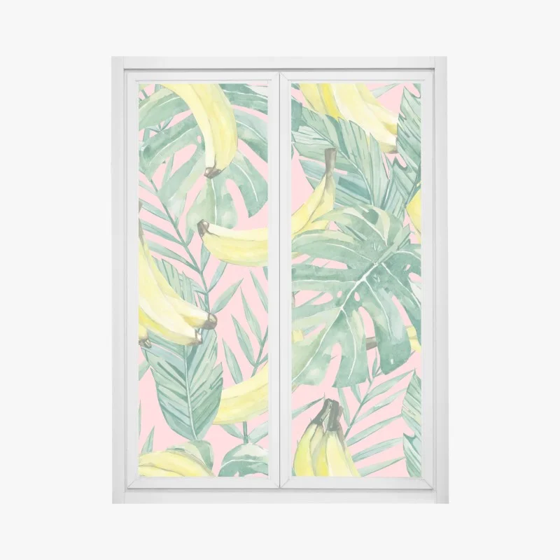 Window decal watercolor banana leaves pattern on pink