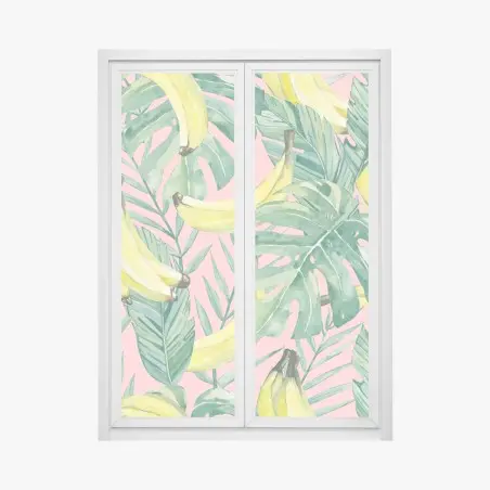 Window decal watercolor banana leaves pattern on pink • Wallissimo®