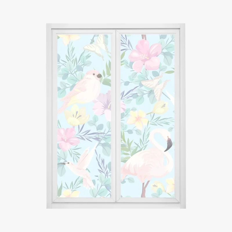 Window decal pastel tropical birds and floral pattern