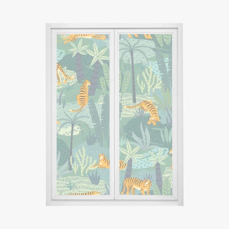 Window decal playful jungle tigers pattern
