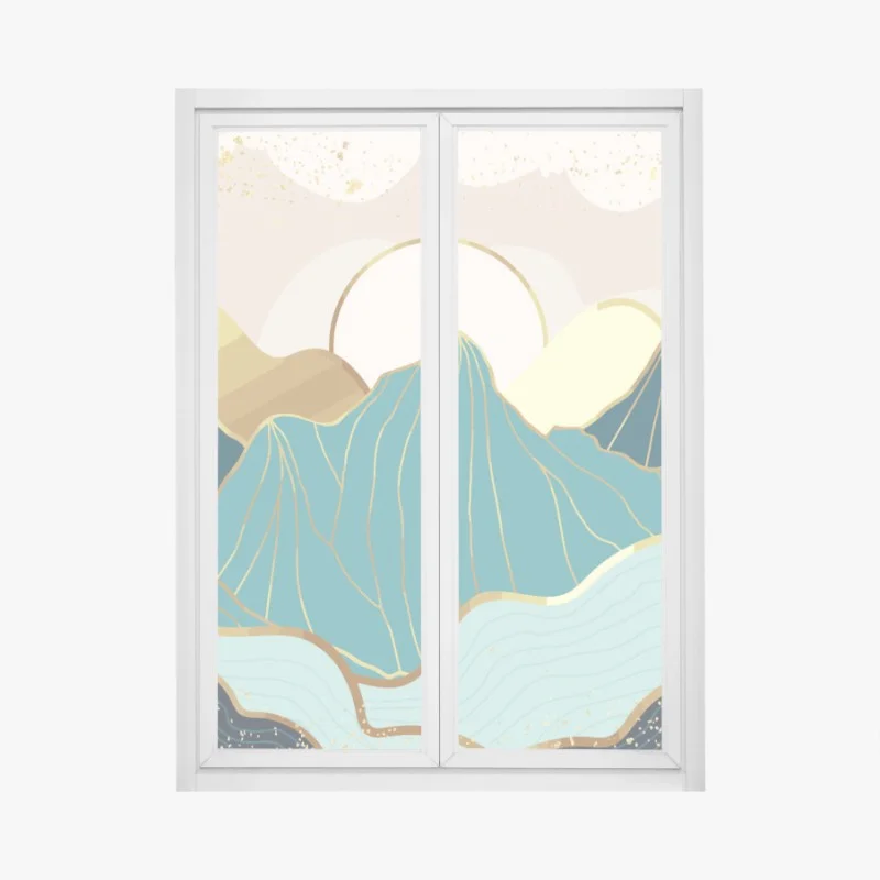 Window decal turquoise mountain sunrise with gold accents