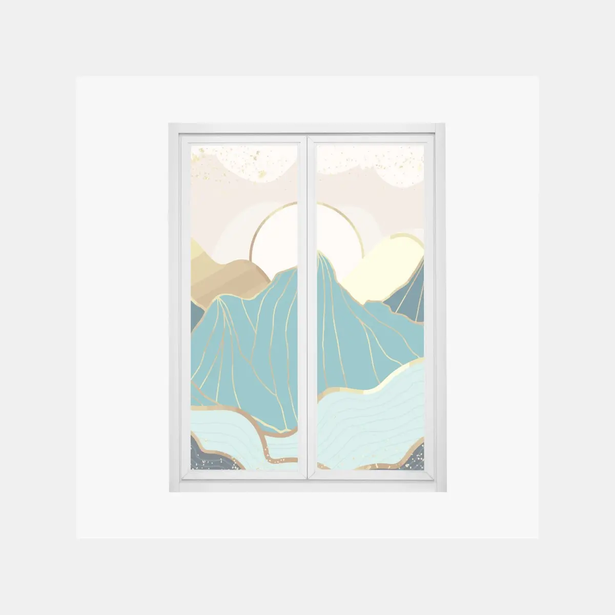 Window decal turquoise mountain sunrise with gold accents • Wallissimo® Window decal turquoise mountain sunrise with gold accents • Wallissimo®