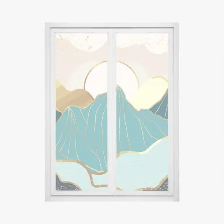 Window decal turquoise mountain sunrise with gold accents • Wallissimo®