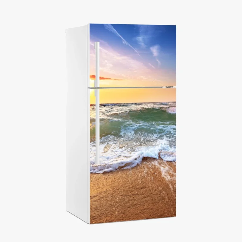 Fridge sticker golden beach sunset over gentle waves