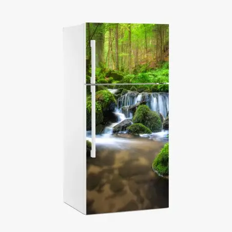 Fridge sticker tranquil mossy forest waterfall • Wallissimo®