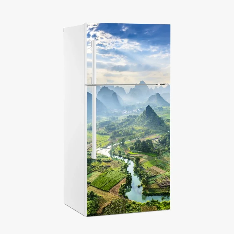 Fridge sticker misty karst mountain valley at sunrise