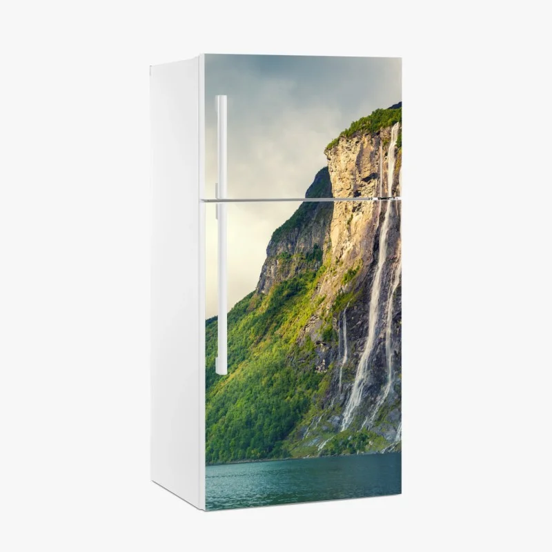 Fridge sticker waterfalls cascading down fjord cliffs