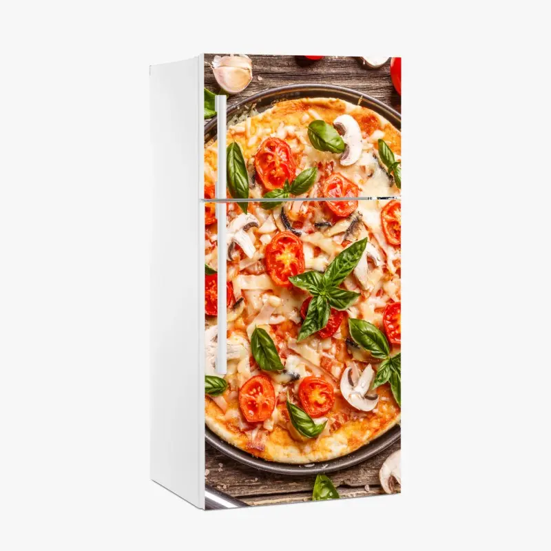 Fridge sticker fresh pizza with basil and cherry tomatoes