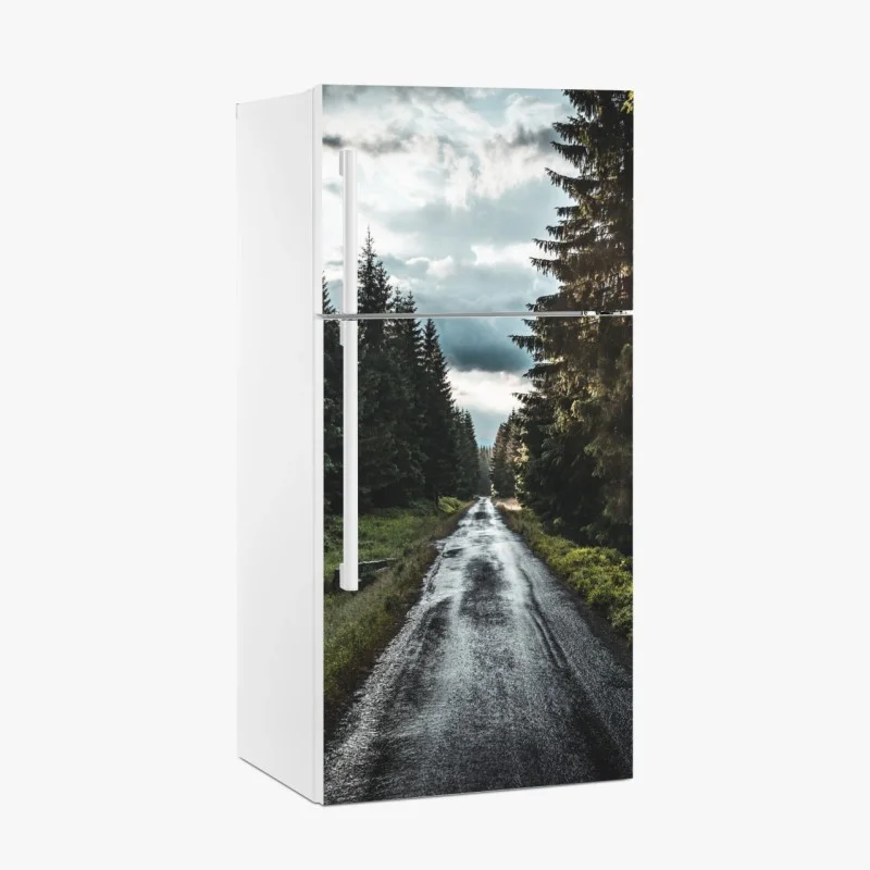 Fridge sticker forest road through misty pines