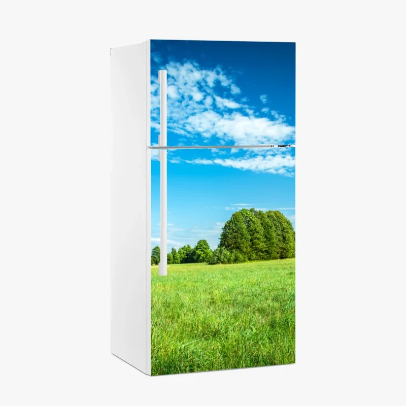 Fridge sticker sunlit green meadow under a blue sky