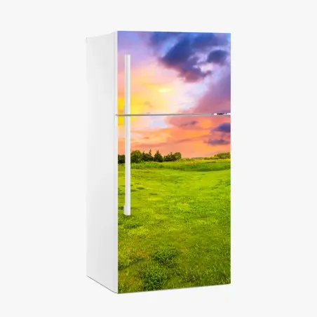 Fridge sticker sunset over green meadow • Wallissimo®