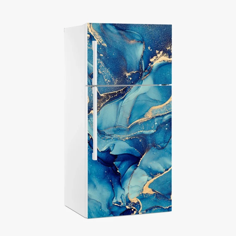 Fridge sticker ocean blue and gold fluid abstract