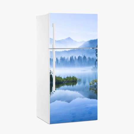 Fridge sticker misty mountain lake reflection • Wallissimo®