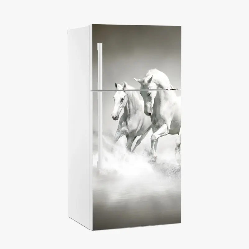 Fridge sticker three white horses running through water