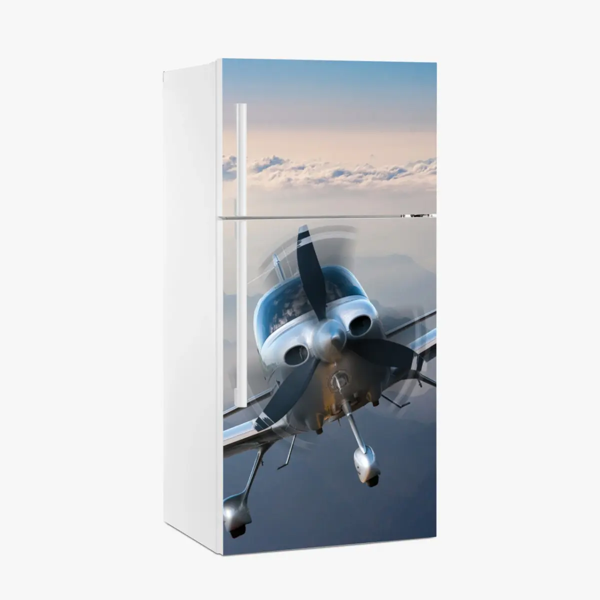 Fridge sticker silver propeller plane over misty mountains • Wallissimo® Fridge sticker silver propeller plane over misty mountains • Wallissimo®