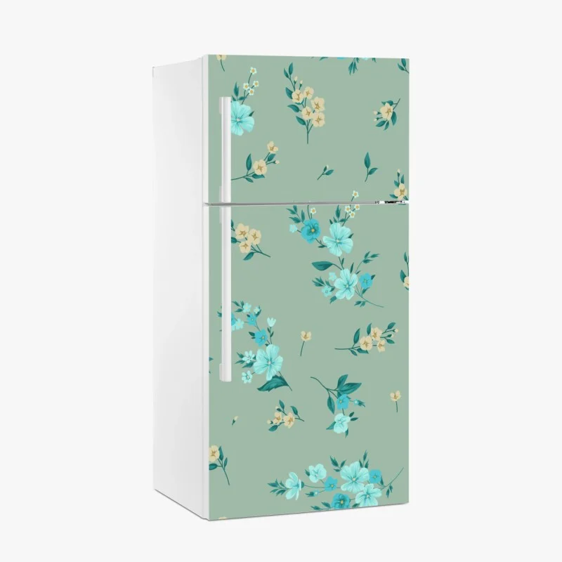 Fridge sticker turquoise floral pattern on sage background