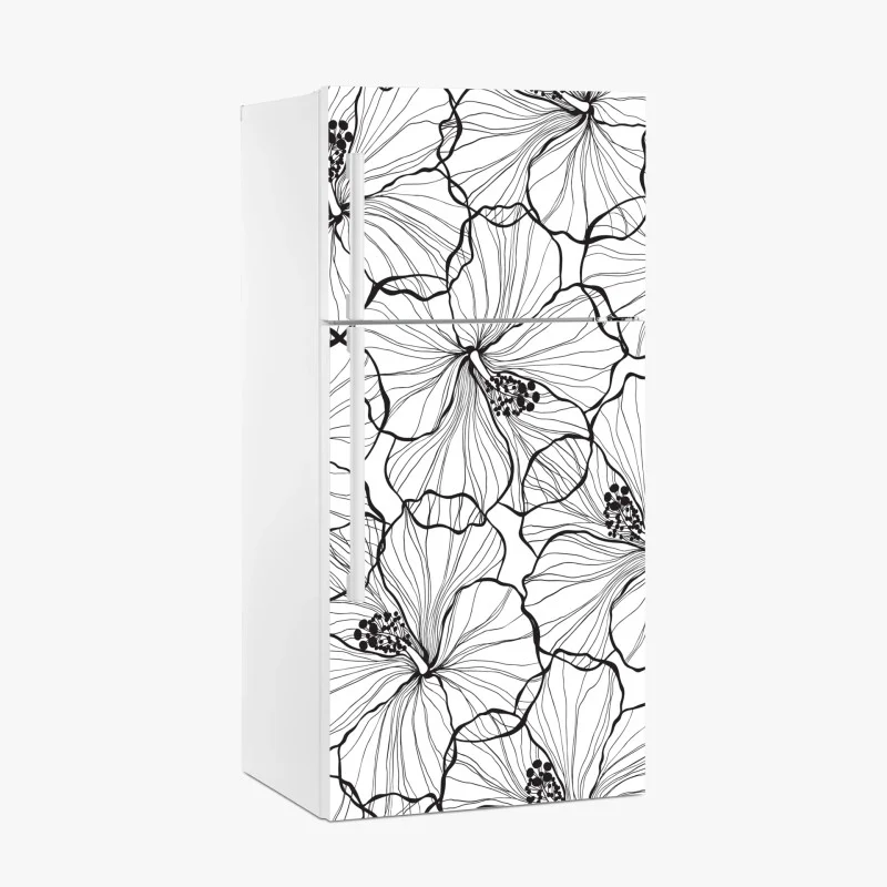 Fridge sticker black and white hibiscus line art pattern