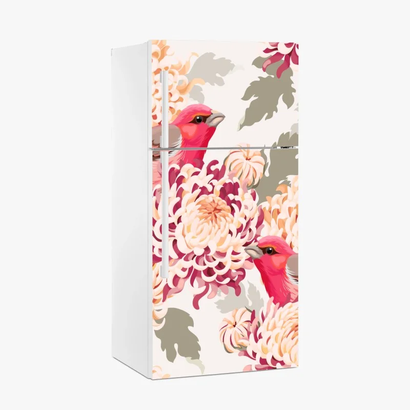 Fridge sticker pink birds and chrysanthemum floral pattern
