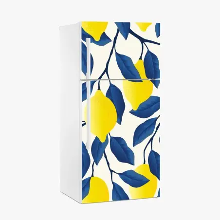 Fridge sticker vibrant lemon pattern with blue leaves • Wallissimo®
