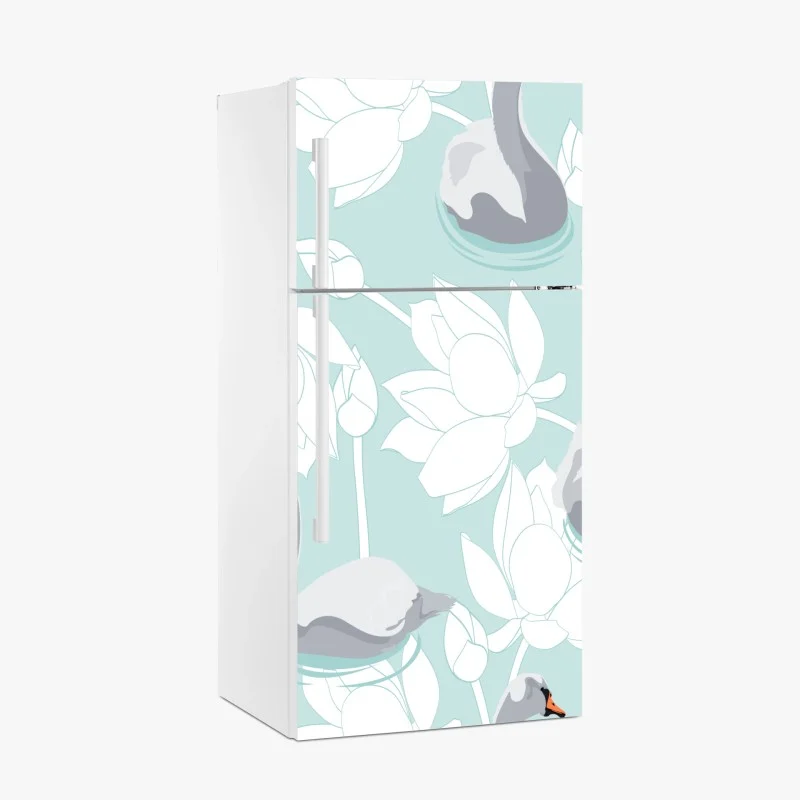 Fridge sticker serene swans and lotus pattern