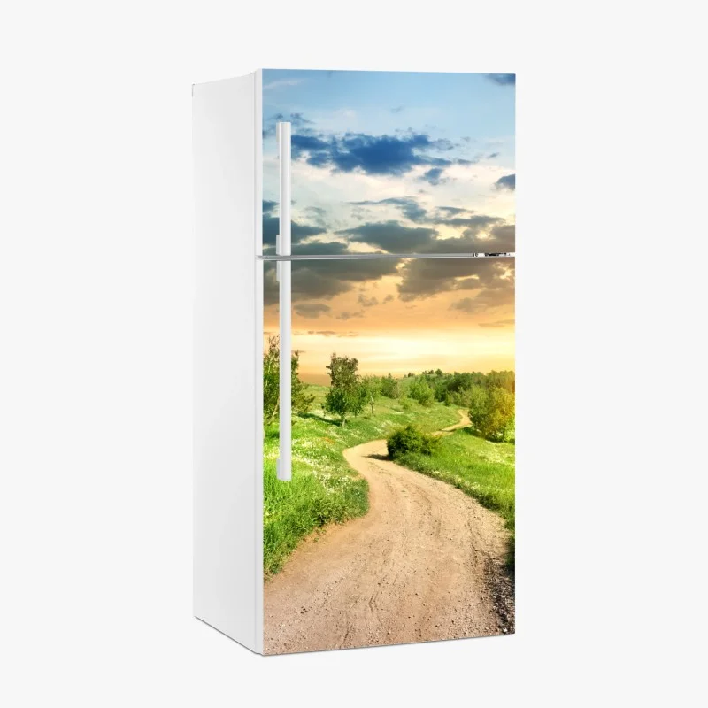 Fridge sticker sunset country road through green meadow