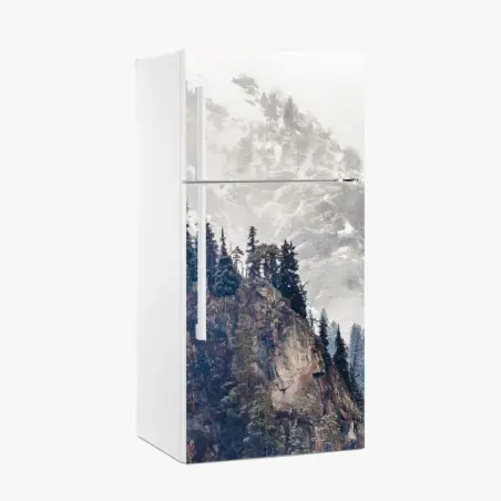 Fridge sticker misty mountain cliff with pine forest • Wallissimo®