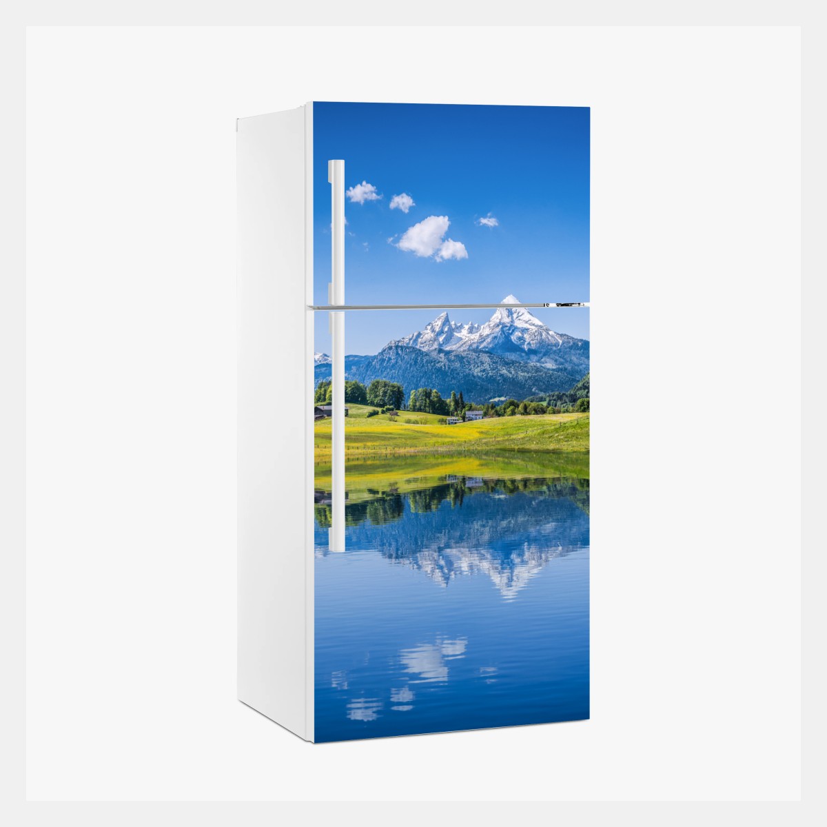 Fridge sticker alpine mirror: serene mountain reflection • Wallissimo® Fridge sticker alpine mirror: serene mountain reflection • Wallissimo®