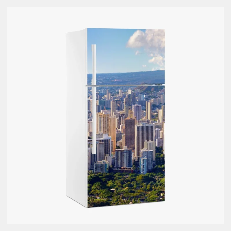 Fridge sticker panoramic tropical city skyline by the sea