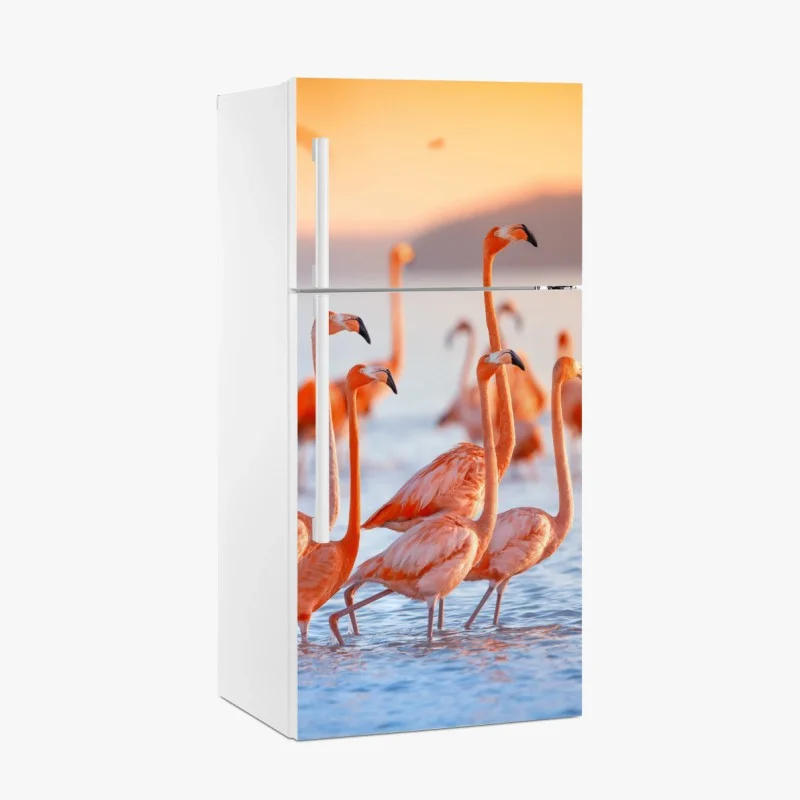 Fridge sticker pink flamingos at sunset