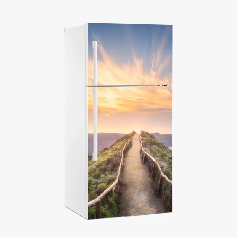 Fridge sticker sunset ridge path over serene lake and valley
