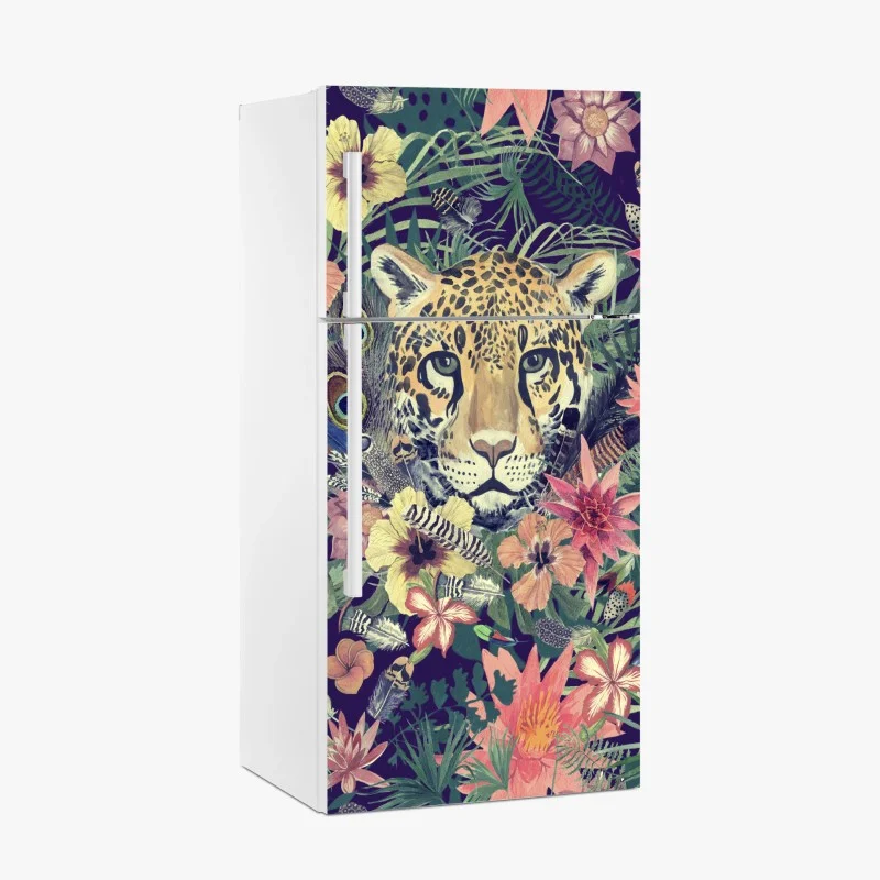Fridge sticker vintage watercolor leopard in tropical foliage