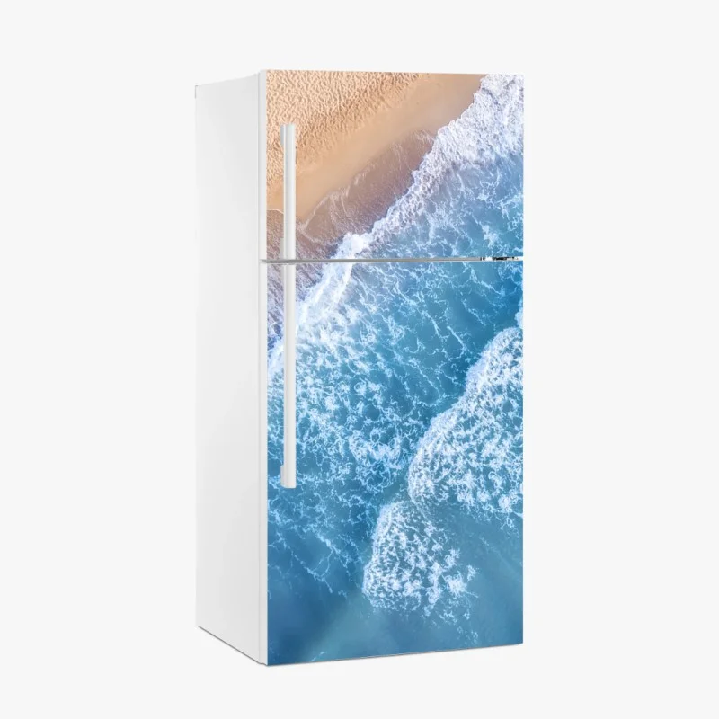 Fridge sticker aerial view of turquoise waves on sandy beach