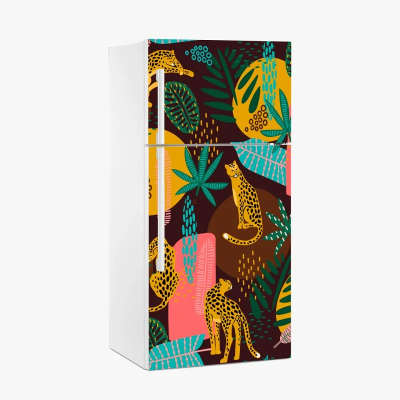 Fridge sticker tropical cheetah pattern with vibrant leaves