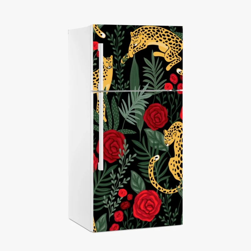 Fridge sticker golden leopards and red roses pattern
