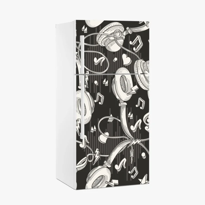Fridge sticker monochrome headphones and music notes pattern