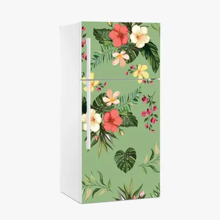Fridge sticker green tropical hibiscus pattern • Wallissimo®